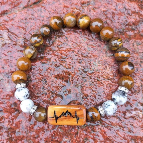 Bransoletka damska ręcznie robiona,  tygrysie oko, jaspis, drewno oliwne,  wzór wypalony na stałe,  góry, obwód bransoletki 17cm