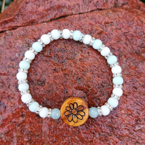 Bransoletka damska kamieni  Jadeit błękitny,  ceramika i drewna oliwnego, obwód 16,5cm