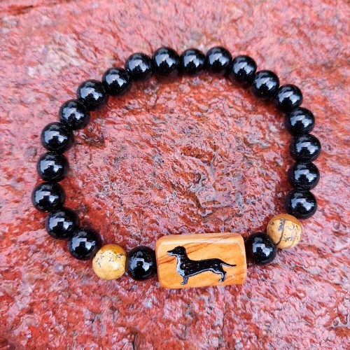 Bransoletka damska  Onyks, jaspis picasso, oliwka, wypalony na stałe wzór  jamnik, obwód bransoletki 17cm