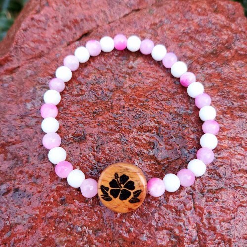 Bransoletka damska różowa z  kamieni Jadeit,  ceramika i drewna oliwnego, obwód 18cm