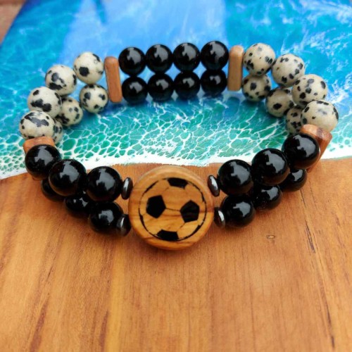 Bransoletka męska ręcznie robiona, onyks, jaspis dalmatyński, drewno oliwne, wzór jest wypalony na stałe, obwód bransoletki 20cm