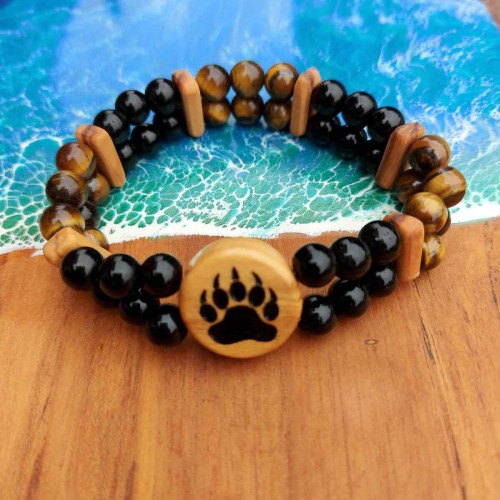 Bransoletka męska ręcznie robiona, onyks, tygrysie oko, drewno oliwne, wzór jest wypalony na stałe, obwód bransoletki 20cm