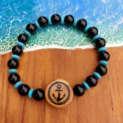 Bransoletka męska ręcznie robiona, onyks, howlit, drewno oliwne, wzór jest wypalony na stałe, obwód bransoletki 20,5cm