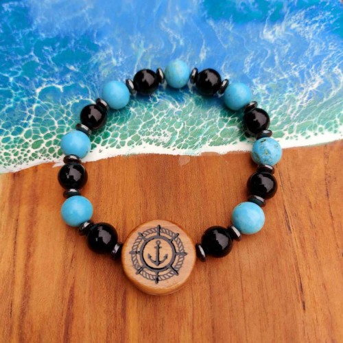 Bransoletka męska ręcznie robiona, onyks, turkus, drewno oliwne, wzór jest wypalony na stałe, obwód bransoletki 19cm