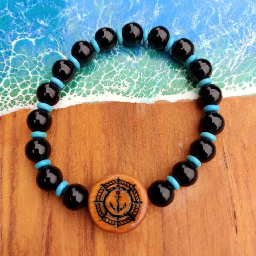 Bransoletka męska ręcznie robiona, onyks, howlit, drewno oliwne, wzór jest wypalony na stałe, obwód bransoletki 19,5cm