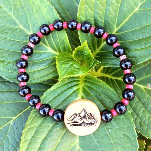 bransoletka damska, onyks, jaspis, drewno oliwne, wzór jest wypalony na stałe, obwód bransoletki 19,5cm