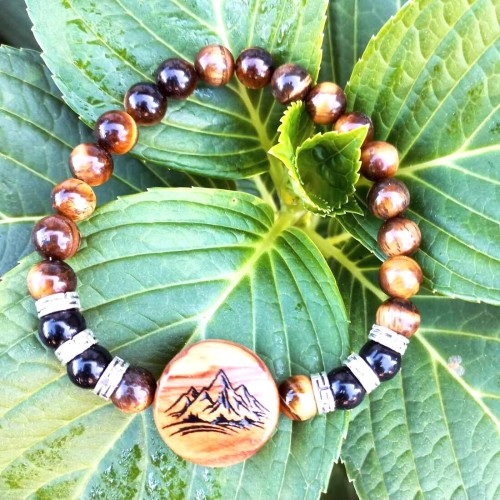 Bransoletka damska  tygrysie oko, onyks, drewno oliwne,  wzór wypalony na stałe,  góry, obwód bransoletki 19cm