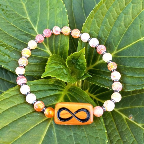 Bransoletka damska z kamieni półszlachetnych, agat trawiony, hematyt i drewno oliwne, obwód bransoletki 17cm