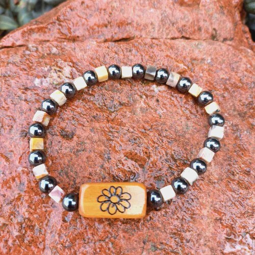 Bransoletka damska z kamieniami półszlachetnymi, Agat koronkowy, Hematyt i drewno oliwne