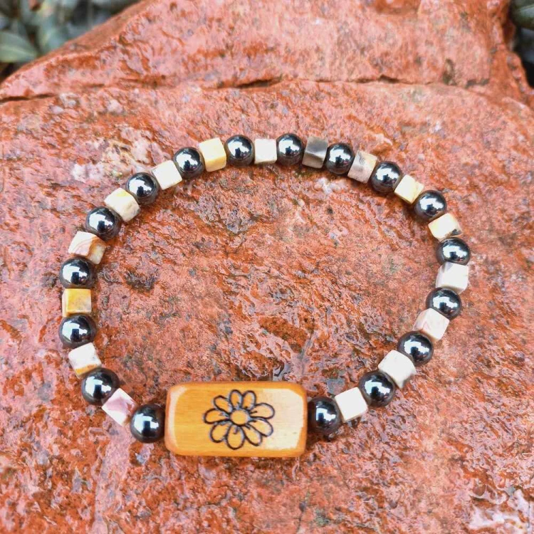 Bransoletka damska z kamieniami półszlachetnymi, Agat koronkowy, Hematyt i drewno oliwne