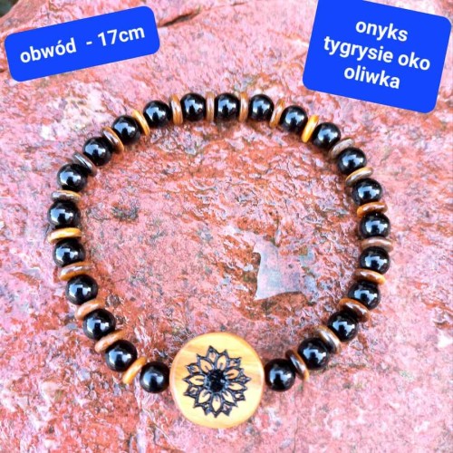 bransoletka damska tygrysie oko, onyks, drewno oliwne z grawerem kwiatka, obwód bransoletki 17,5cm