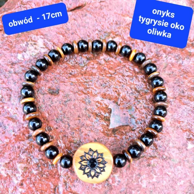bransoletka damska tygrysie oko, onyks, drewno oliwne z grawerem kwiatka, obwód bransoletki 17,5cm