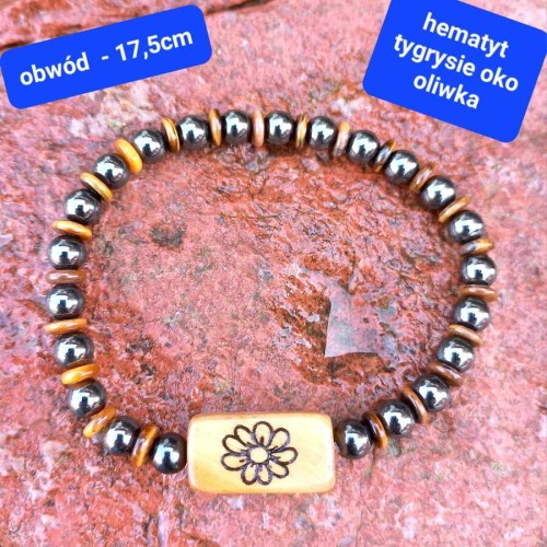 bransoletka damska kamienie półszlachetne: tygrysie oko, hematyt, drewno oliwne z grawerem kwiatka, obwód bransoletki 17,5cm