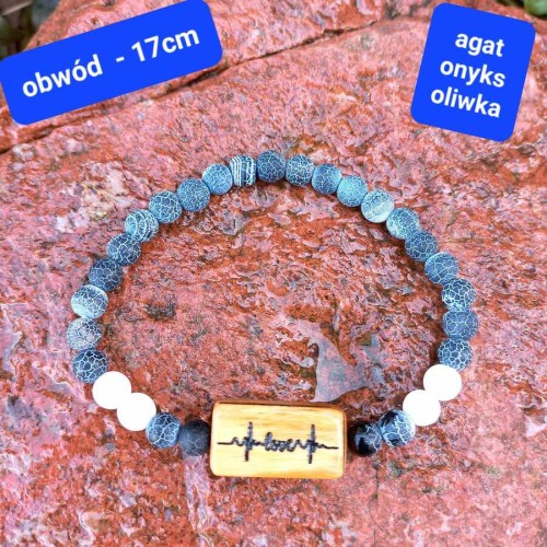 bransoletka damska  kamienie półszlachetne: onyks, agat, drewno oliwne z ozdobnym wzorem. Obwód bransoletki 17cm