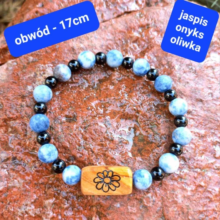 Bransoletka damska z grawerem jaspis onyks i drewno oliwne kamienie naturalne. obwód bransoletki 17cm