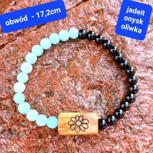 Bransoletka damska z grawerem kamienie półszlachetne onyks ceramika i drewno oliwne, obwód bransoletki 17,2cm