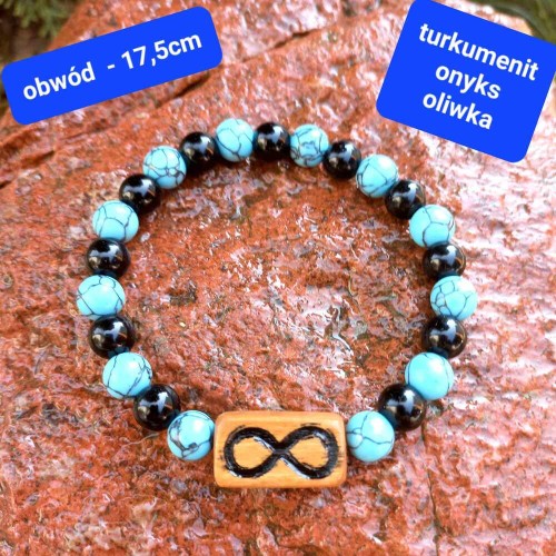 Bransoletka damska z grawerem kamienie półszlachetne onyks turkmenit i drewno oliwne, obwód bransoletki 17,5cm