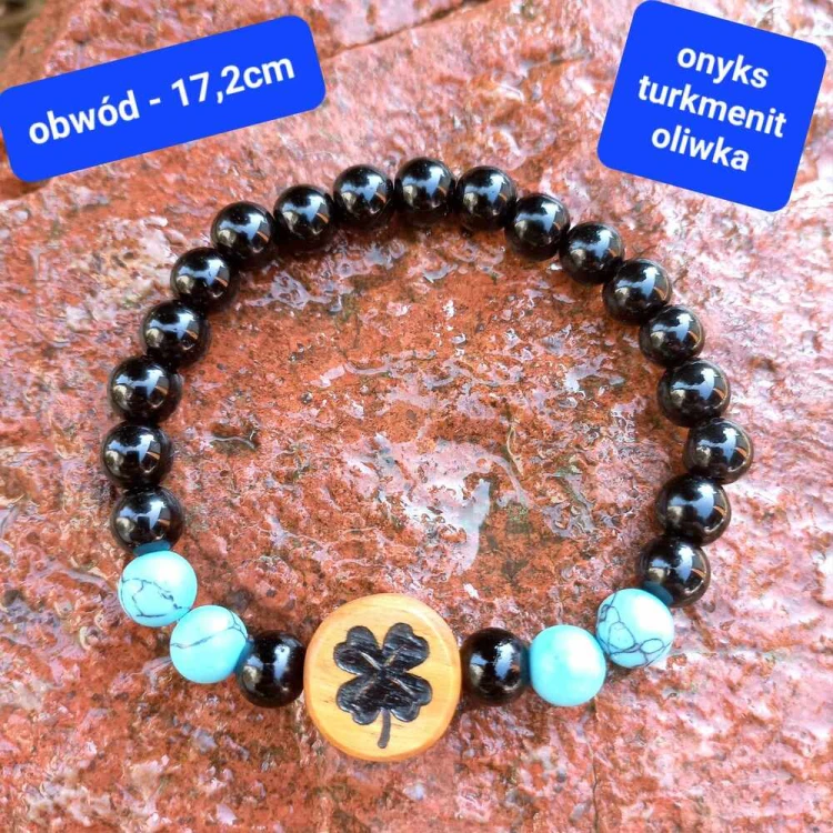 Bransoletka damska z grawerem kamienie półszlachetne onyks turkmenit i drewno oliwne. obwód bransoletki 17cm