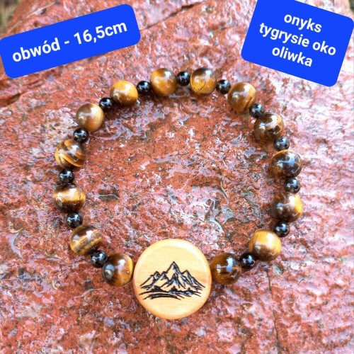 Bransoletka damska z grawerem z kamieni półszlachetnych i drewna oliwnego. obwód bransoletki 16,5cm