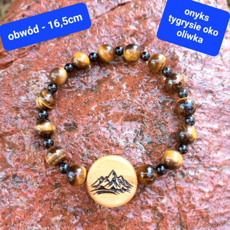 Bransoletka damska z grawerem z kamieni półszlachetnych i drewna oliwnego. obwód bransoletki 16,5cm