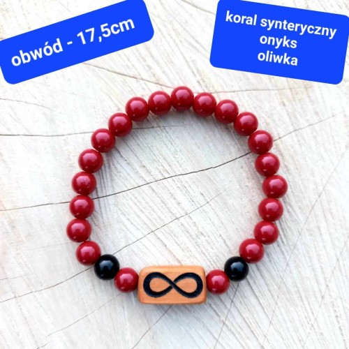 Personalizowana bransoletka damska z grawerem kamienie i drewno oliwne. Obwód bransoletki: 17,5cm (po wewnętrznej stronie)