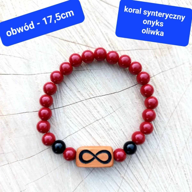 Personalizowana bransoletka damska z grawerem kamienie i drewno oliwne. Obwód bransoletki: 17,5cm (po wewnętrznej stronie)