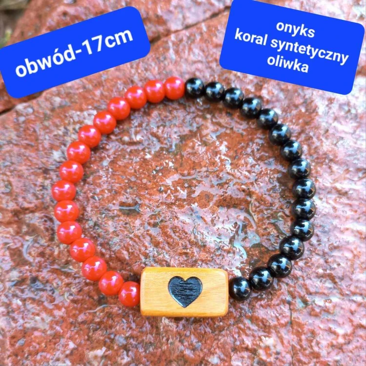 Personalizowana bransoletka damska z grawerem kamienie półszlachetne i drewno oliwne.  Obwód bransoletki: 17cm (po wewnętrznej stronie)