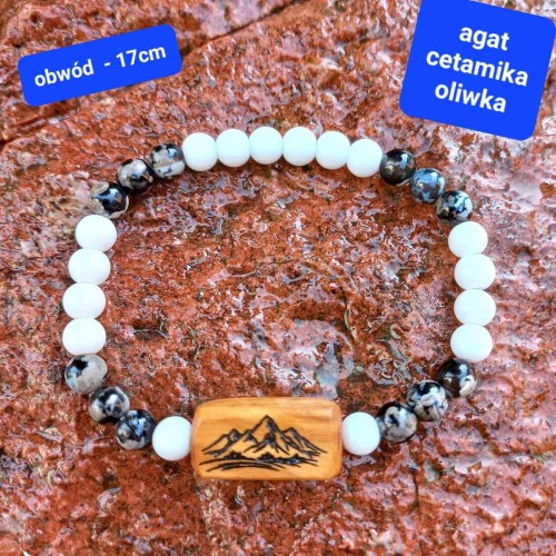 Personalizowana bransoletka damska kamienie drewno oliwne i grawer góry.  Obwód bransoletki: 16,5cm (po wewnętrznej stronie)