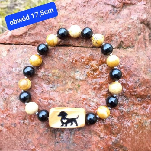 Bransoletka damska jaspis obrazkowy, onyks, hematyt. Z wypalona grafika jamnika z sercem.  Obwód bransoletki: 17,5cm (mierzony po wewnętrznej stronie)