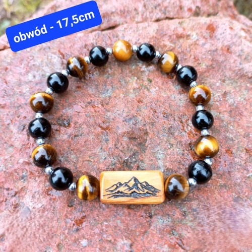 Elegancka bransoletka damska tygrysie oko onyks i hematyt z grawerem gór.  Obwód nadgarstka ok 17,5cm, bransoletka jest na gumce