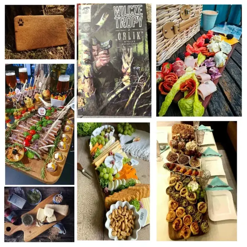 Kolaż zdjęć od klientów prezentujący deski do serwowania Nela Wood z różnymi przekąskami