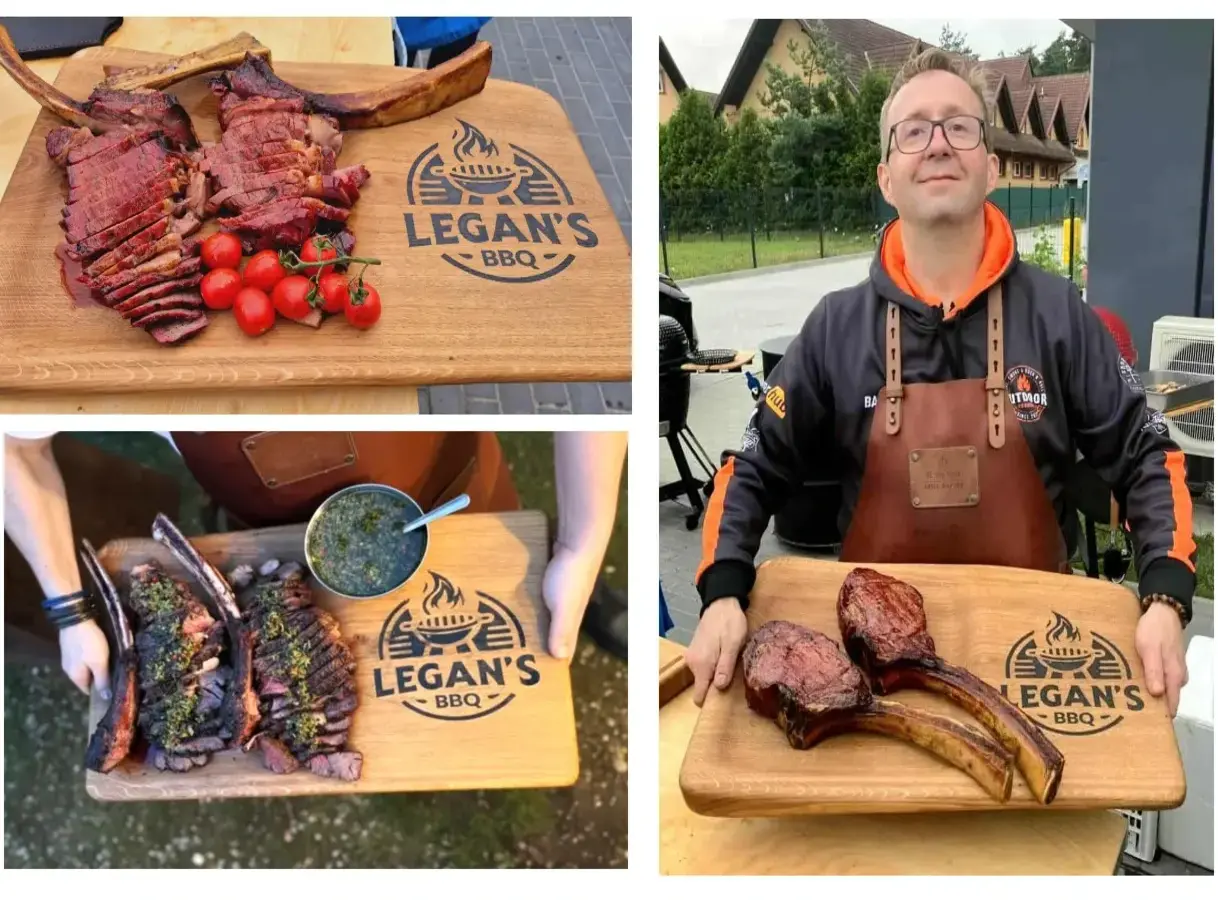 Soczysty stek podany na masywnej desce dębowej Nela Wood podczas profesjonalnego grillowania