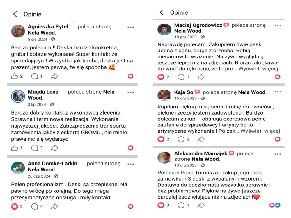 Recenzje klientów Nela Wood Facebook