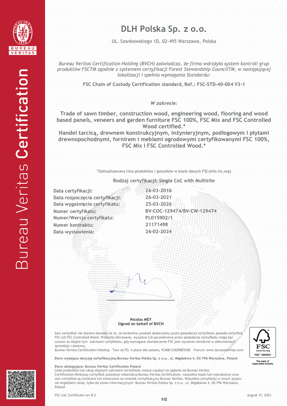 Oficjalny certyfikat FSC potwierdzający legalne pochodzenie drewna egzotycznego używanego w pracowni Nela Wood