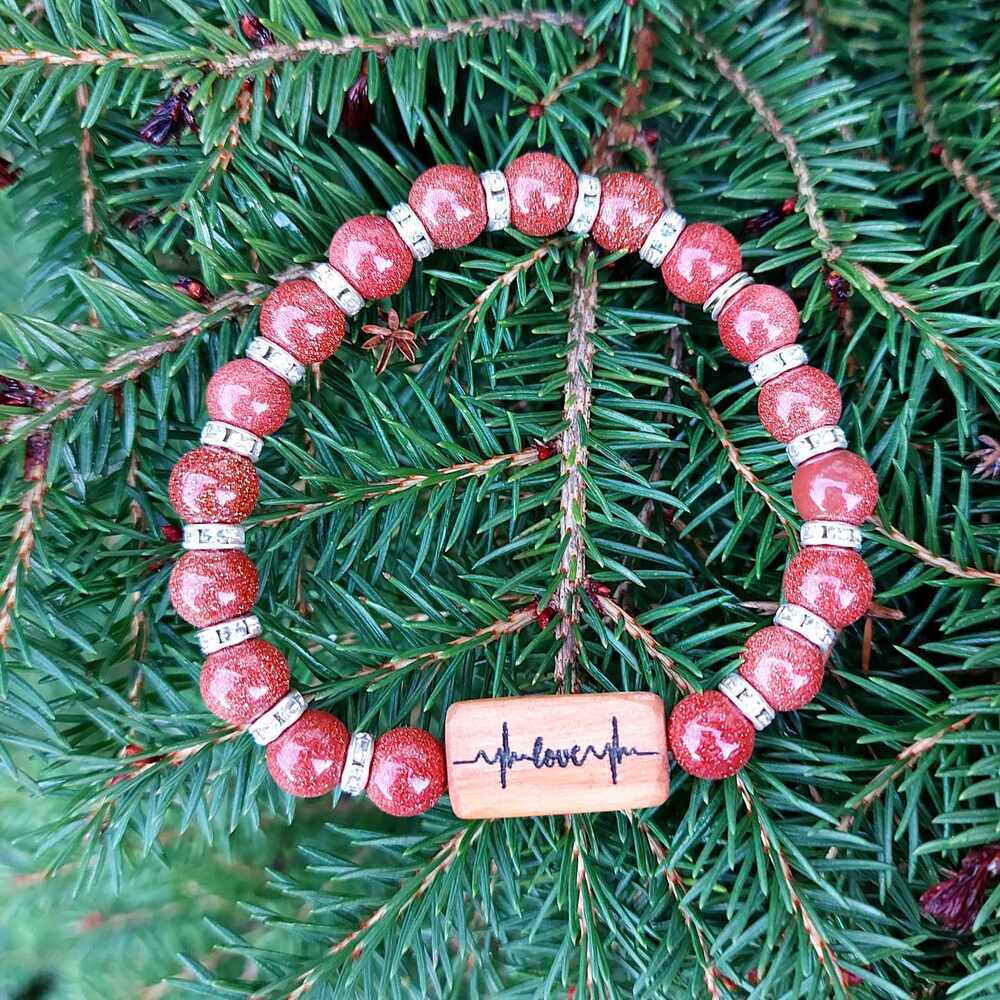 Personalizowana bransoletka z piasku pustyni i drewna oliwnego z motywem EKG i Love