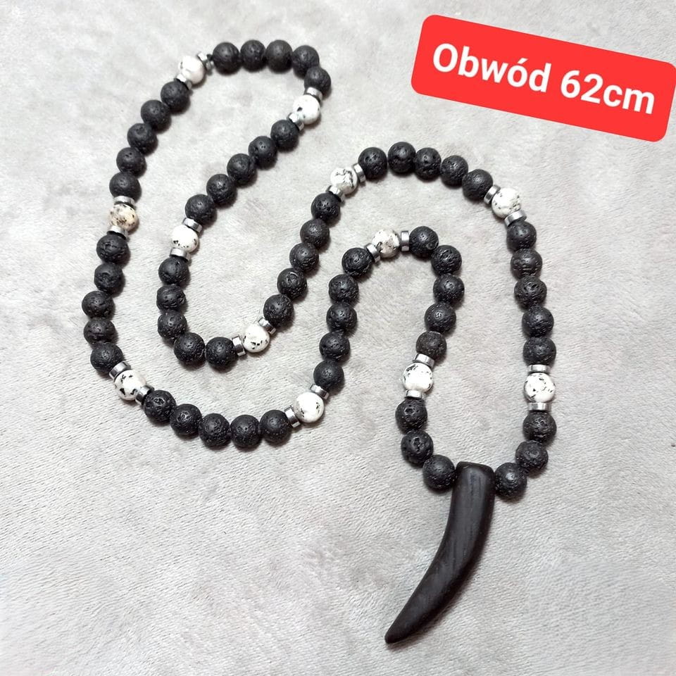Długi naszyjnik męski 62 cm z kamieni naturalnych: szary Jadeit, czarna Lawa Wulkaniczna i srebrny Hematyt, przeplatane drewnem Wenge.