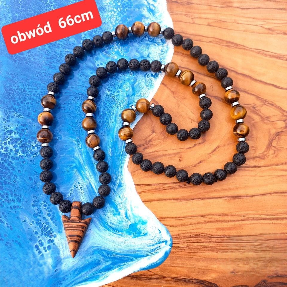 Długi naszyjnik z koralików Tygrysiego Oka (10 mm), Lawy Wulkanicznej, Hematytu i unikatowego drewna Zebrano. Biżuteria handmade Nela Wood.
